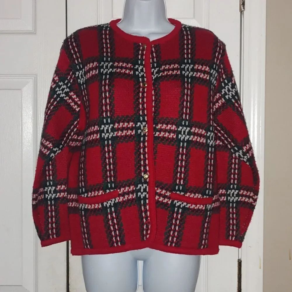 Crystal Kobe vintage Christ holiday red green navy white cardigan Sz S Petite